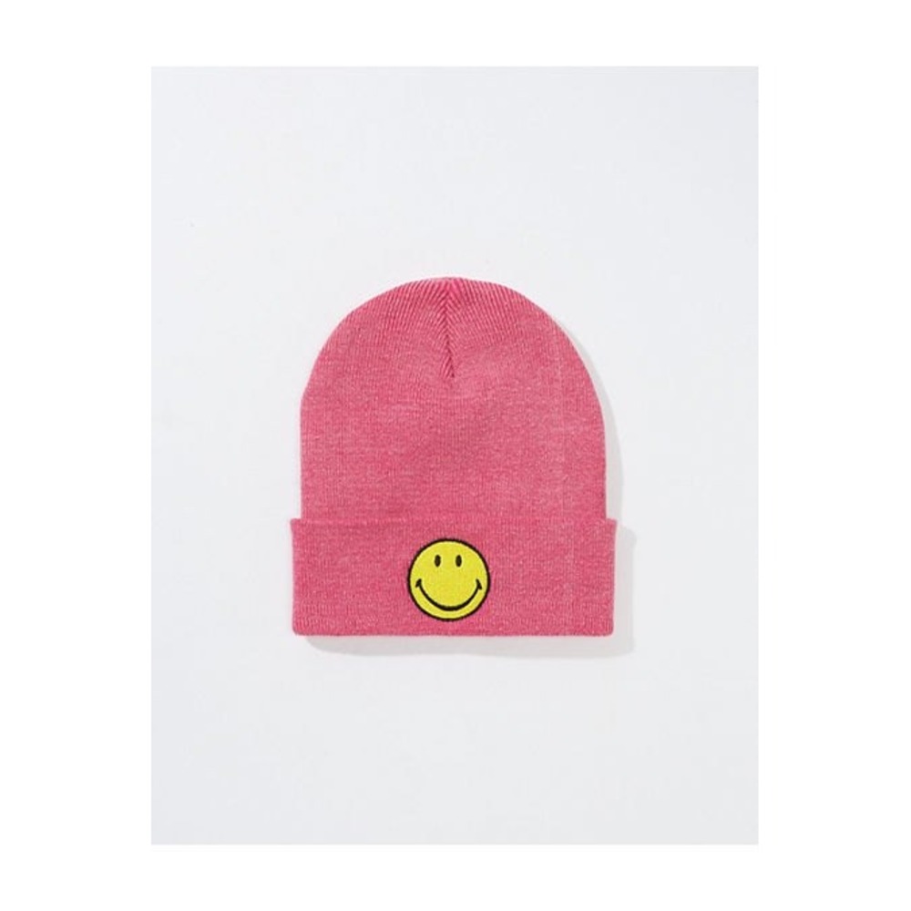 American Eagle Smiley Face Beanie Women OS Bright Pink Cuffed Knit Hat
